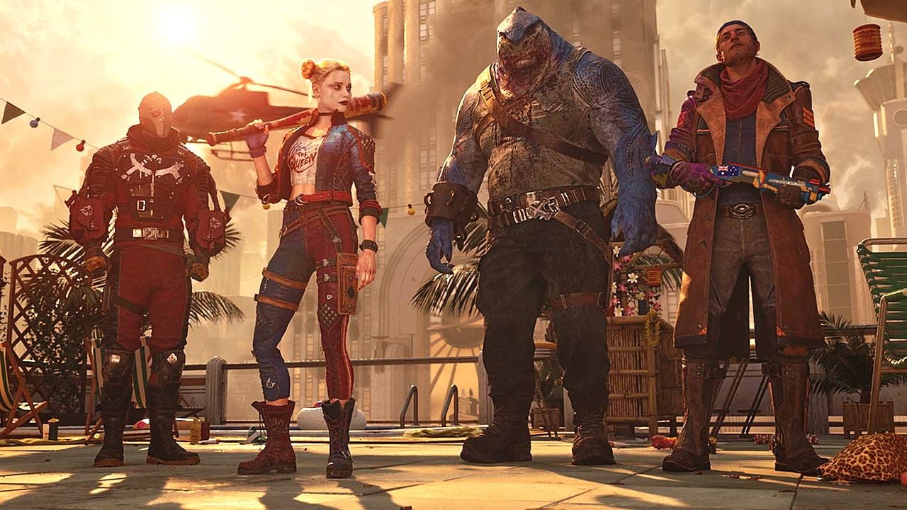 Das Suicide Squad: Deadshot, Harley Quinn, King Shark und Captain Boomerang (v.l.n.r.)