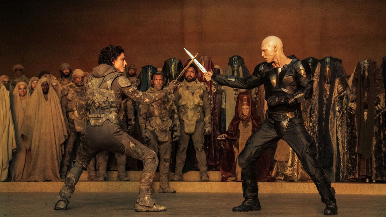 Eines der Highlights in „Dune: Part Two”: Der Kampf zwischen Paul (Timothée Chalamet) und Feyd-Rautha (Austin Butler).
