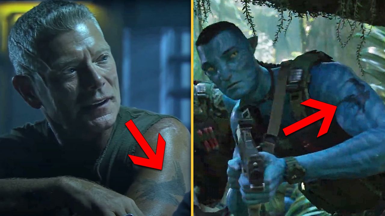 Quaritch hat als Mensch und Avatar auch dieselben Tattoos.