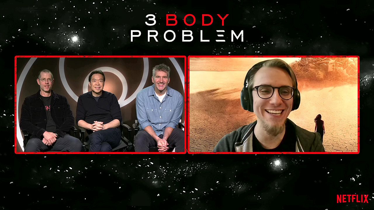 D.B. Weiss, Alexander Woo und David Benioff (v.l.n.r.) im Interview mit FILMSTARTS-Redakteur Markus Trutt