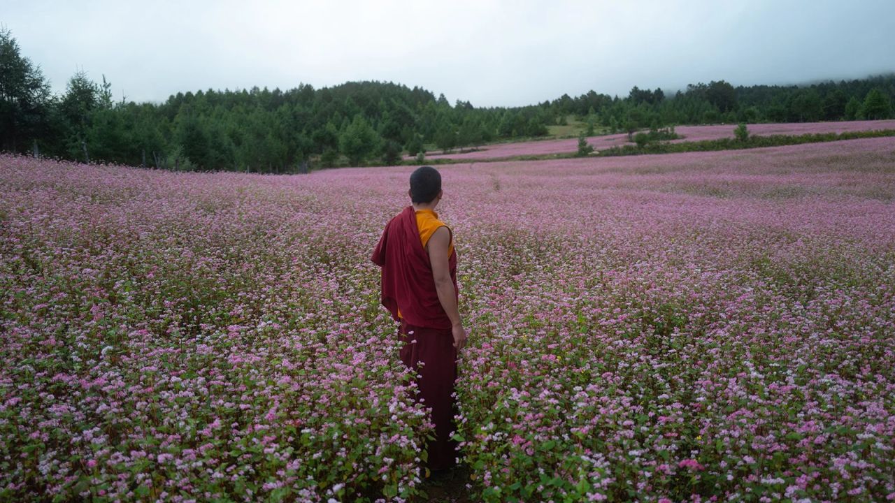 Mönch Tashi (Tandin Wangchuk) soll die titelgebenden Gewehre für seinen Lama (Kelsang Choejay) besorgen.