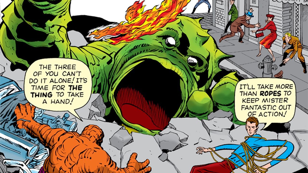 Mit diesem Comic, in dem die Fantastic Four noch keine Kostüme hatten, fing alles an - die Szene wird im Kinofilm direkt zitiert und ziert auch das Cover des Prequel-Comics.