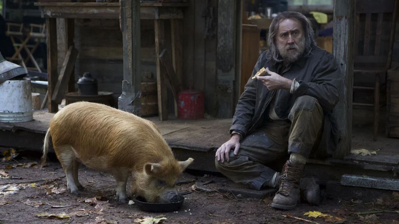 Nicolas Cage mit Vollbart und Schwein