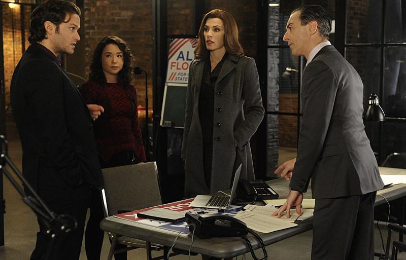 Good Wife : Bild Steven Pasquale, Alan Cumming, Julianna Margulies, Sarah Steele